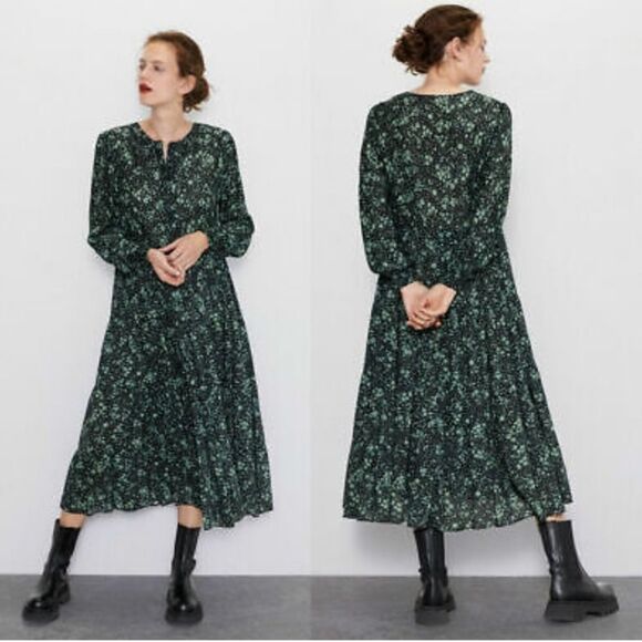 Zara Blogger Fave Angel Dress Maxi Tiered Smocked Size XS Green Black - Picture 9 of 11